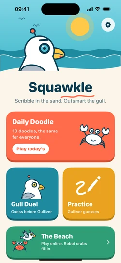 The home screen: Gulliver on the beach, with Daily Doodle, Gull Duel, Practice, The Beach and Party.