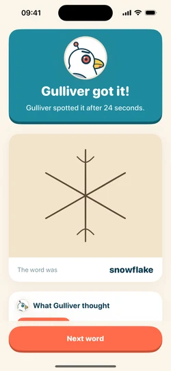 After the round: Gulliver got the snowflake, and shows how long it took him.